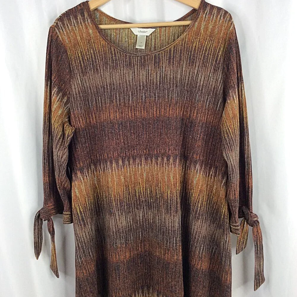 CJ Banks Women's Plus Size 1X Midi Dress Brown Shift Pencil Tie Sleeve Boho